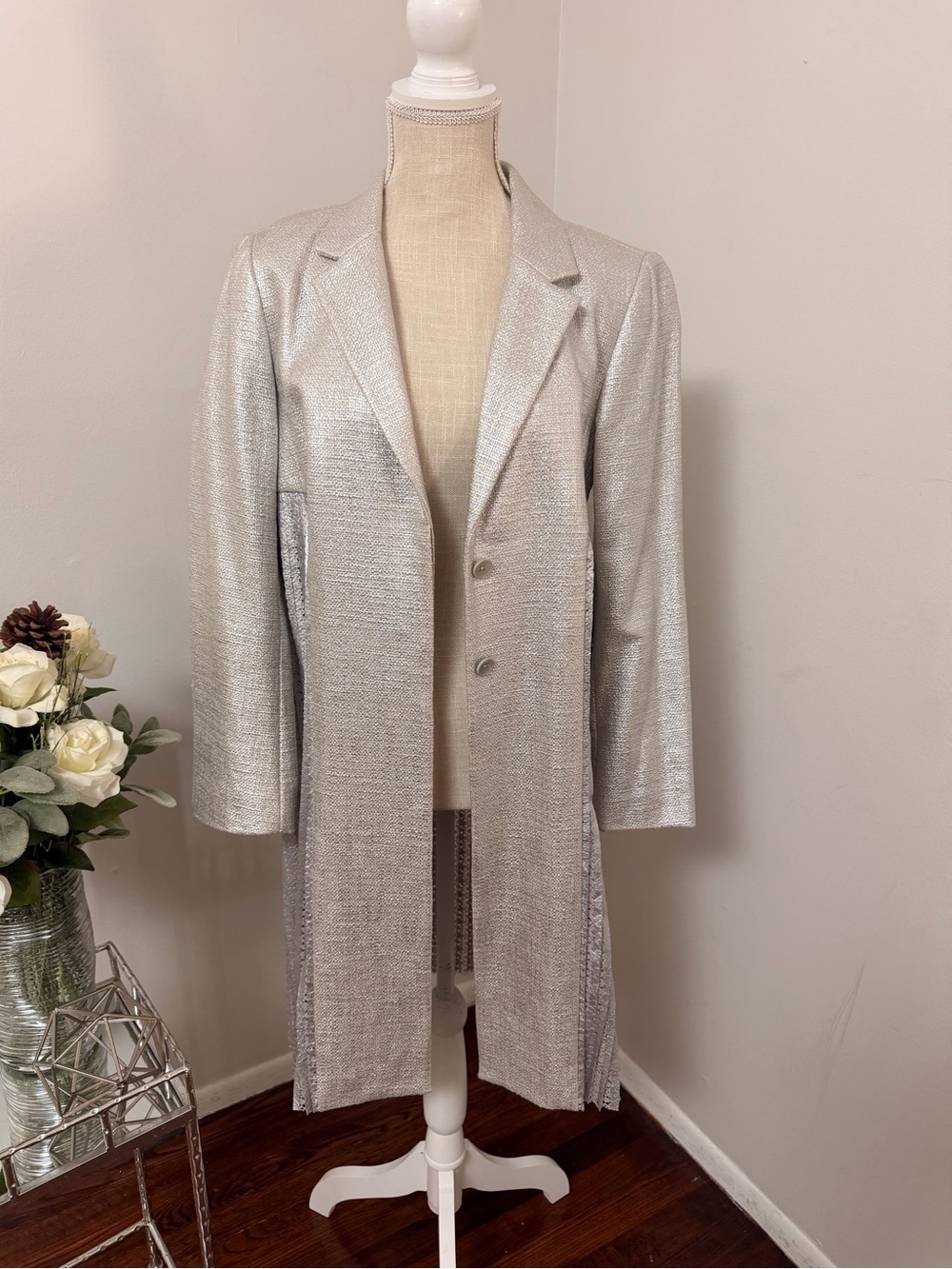 BCBG Silver Metallic Long Blazer Coat